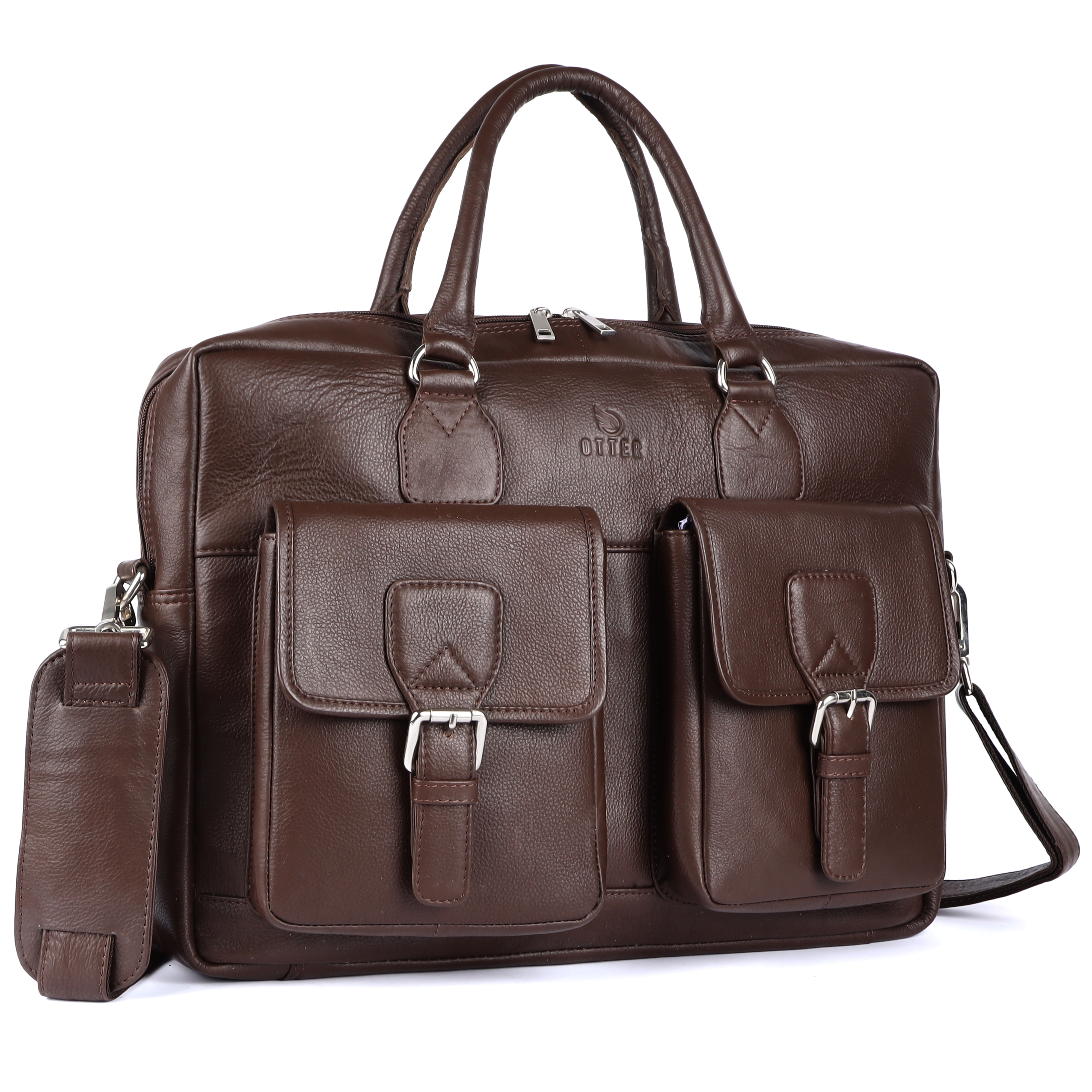 Dual-Pocket Genuine Leather Laptop Bag – Brown (0604)