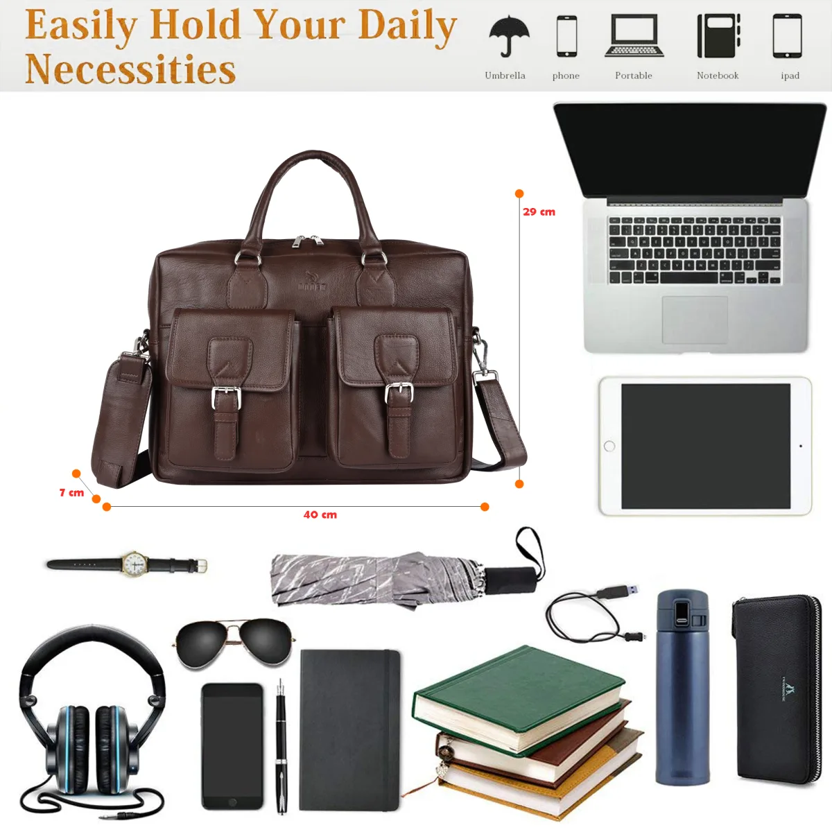 Dual-Pocket Genuine Leather Laptop Bag – Brown (0604), additional view 12