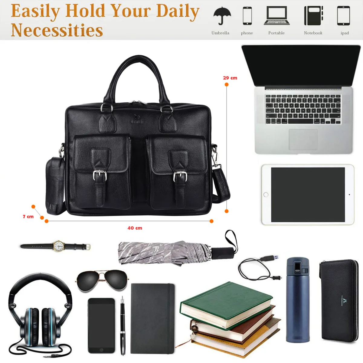 Dual-Pocket Genuine Leather Laptop Bag – Black (0604), additional view 10