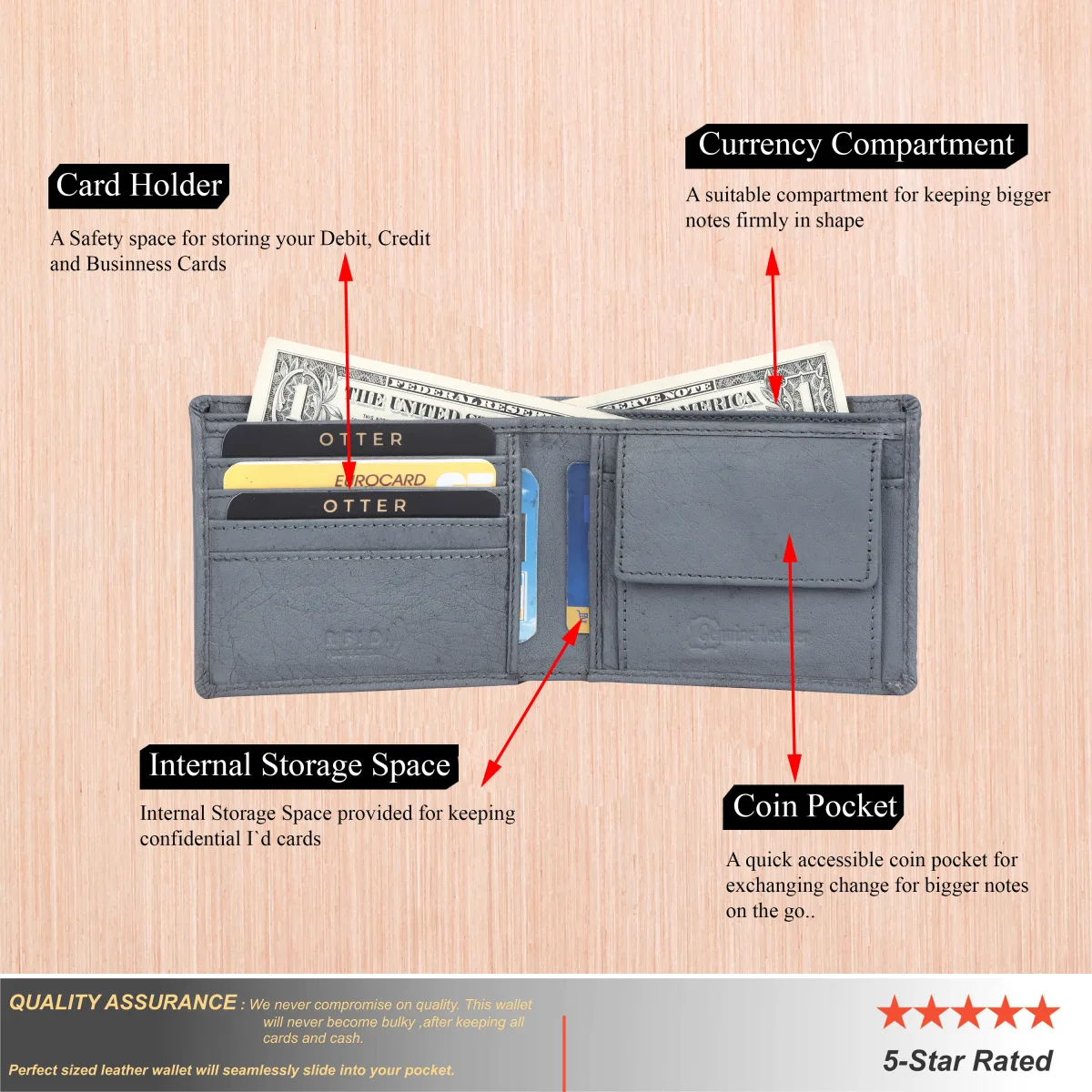 Men's 3-Card Genuine Leather Wallet with Coin Pocket – Grey (2217), additional view 3