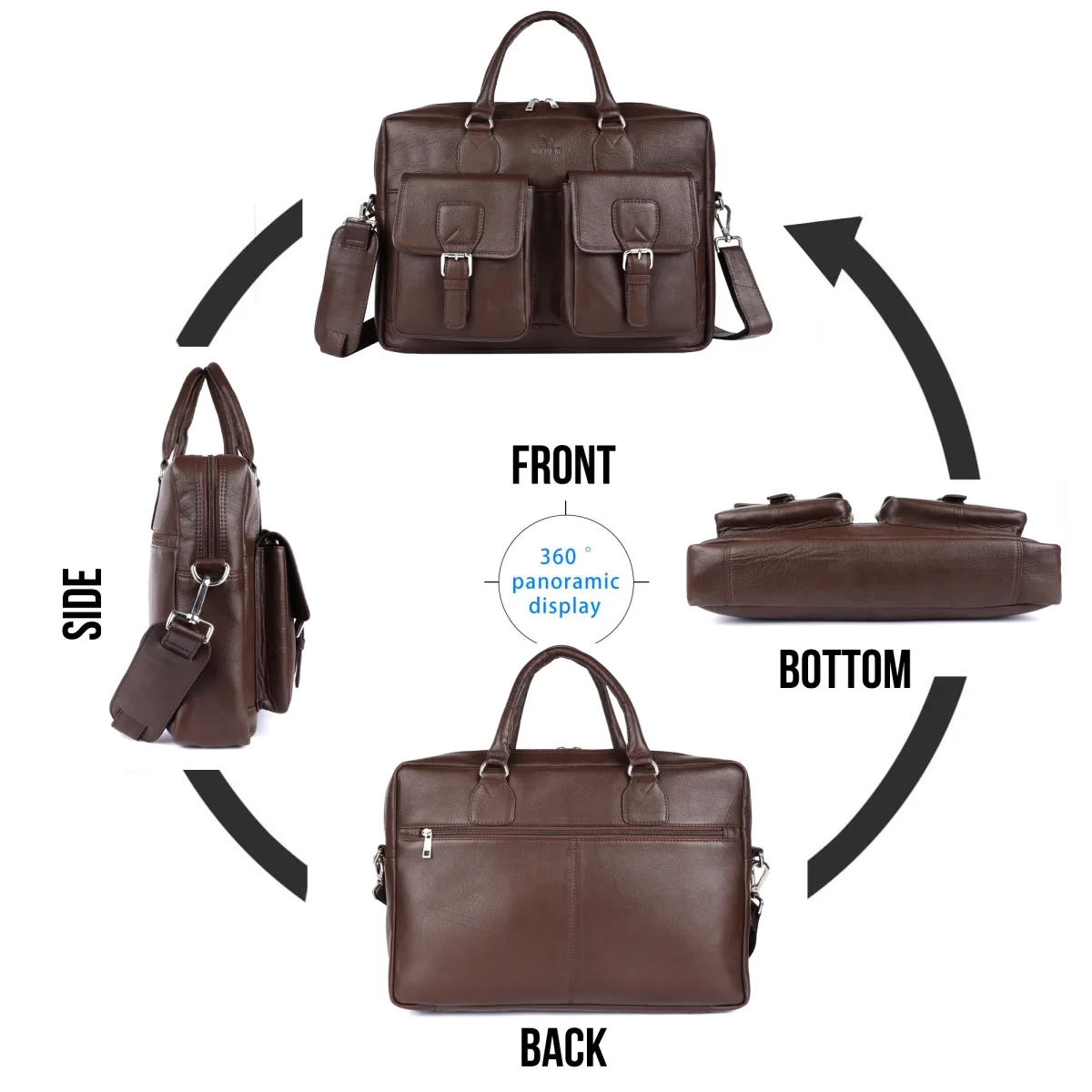 Dual-Pocket Genuine Leather Laptop Bag – Brown (0604), additional view 9