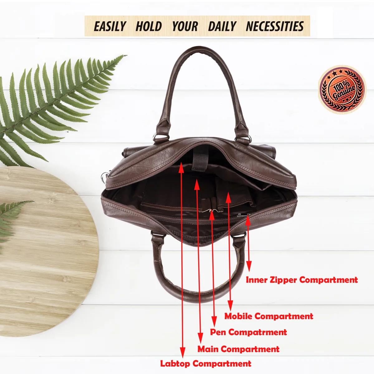 Dual-Pocket Genuine Leather Laptop Bag – Brown (0604), additional view 8