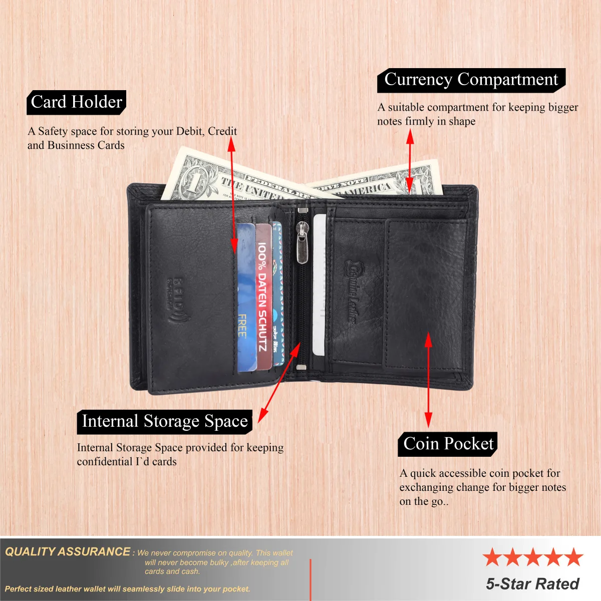 Men's 7-Card Genuine Leather Wallet with Coin Pocket – Black (2215), additional view 10