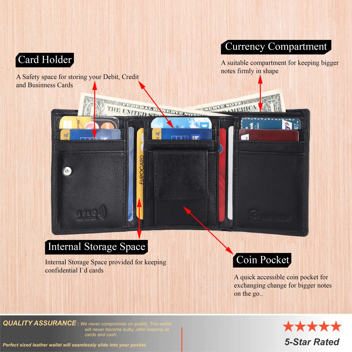 Men's 7-Card Genuine Leather Wallet with Coin Pocket – Black (2215), additional view 9