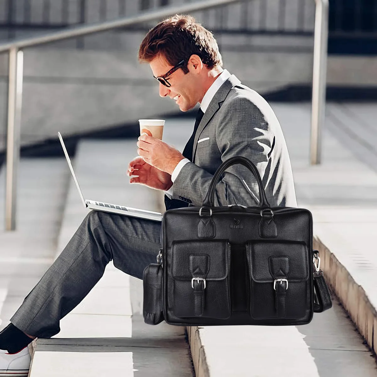 Dual-Pocket Genuine Leather Laptop Bag – Black (0604), additional view 9