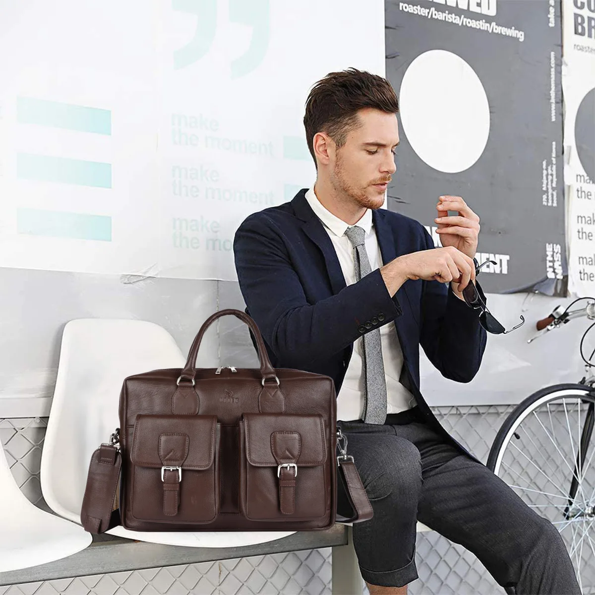Dual-Pocket Genuine Leather Laptop Bag – Brown (0604), additional view 11