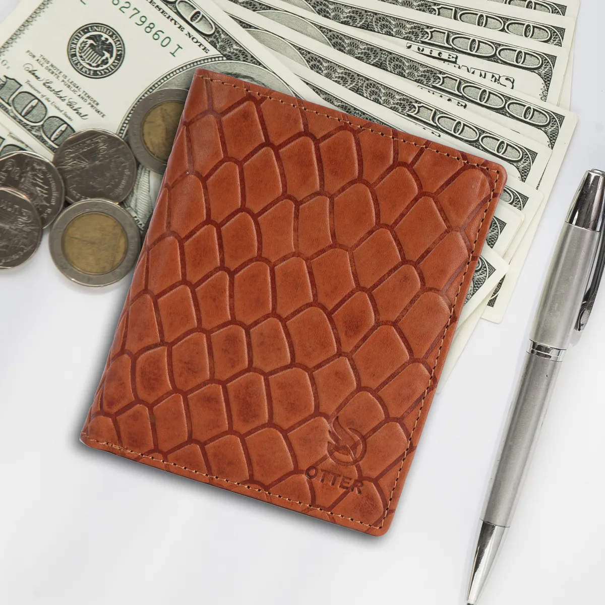 Men's Checkered-Embossed Genuine Leather Wallet – Tan (2201), additional view 7