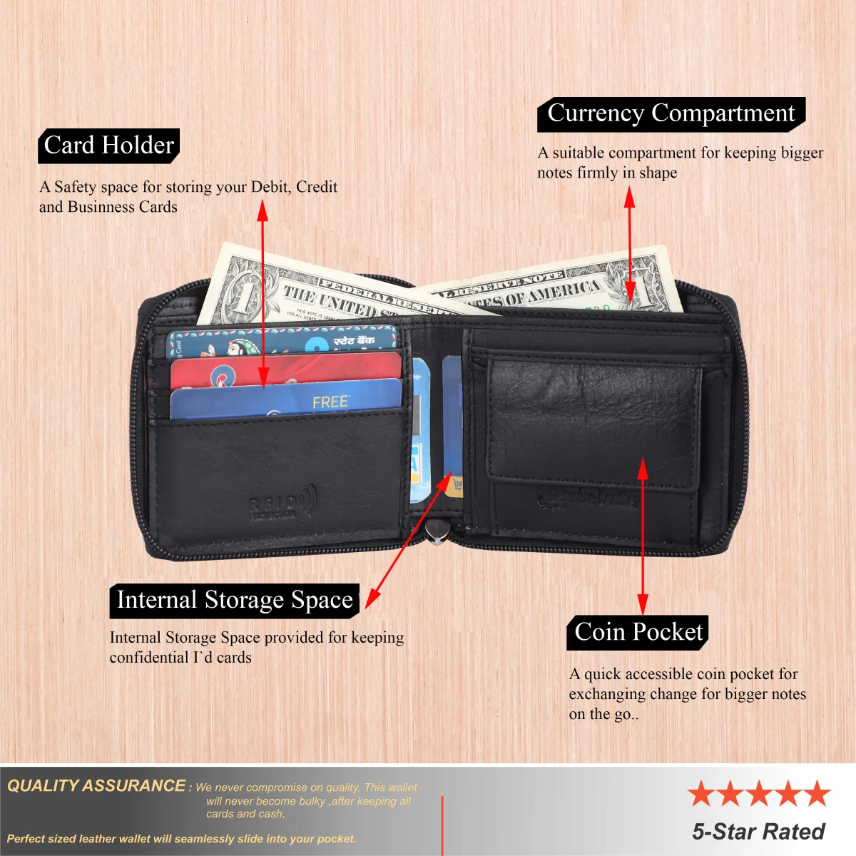 Men's 4-Card Genuine Leather Wallet with Coin Pocket – Black (2206), additional view 9