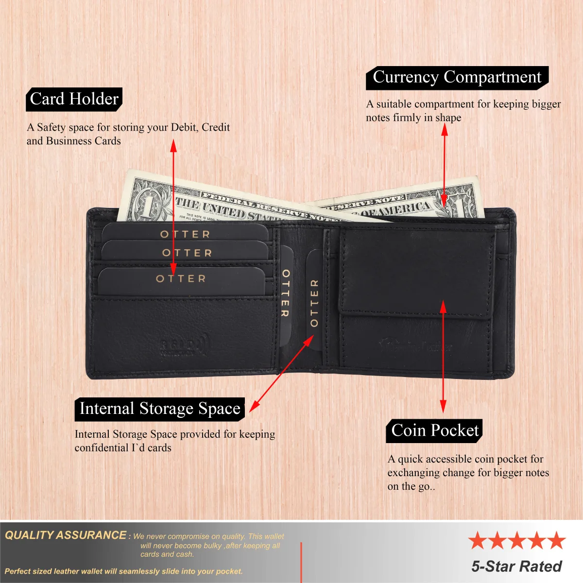 Men's 3-Card Genuine Leather Wallet with Coin Pocket – Black (2226), additional view 10