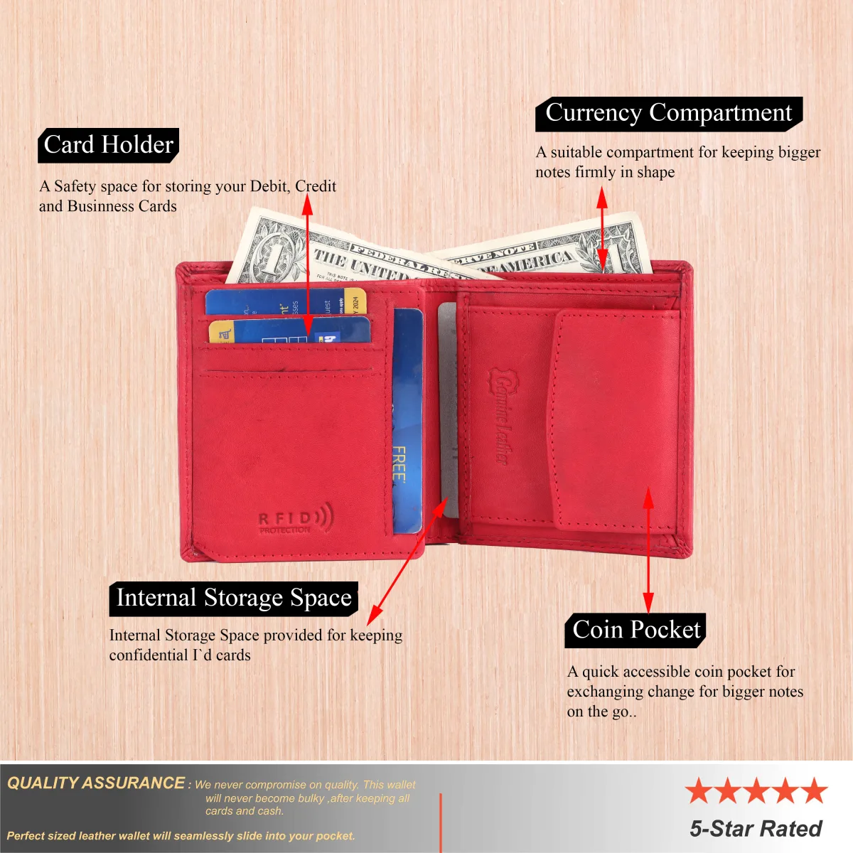 Men's Diamond-Embossed Genuine Leather Wallet – Red (2209), additional view 10