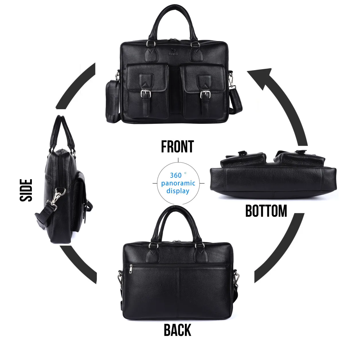 Dual-Pocket Genuine Leather Laptop Bag – Black (0604), additional view 8