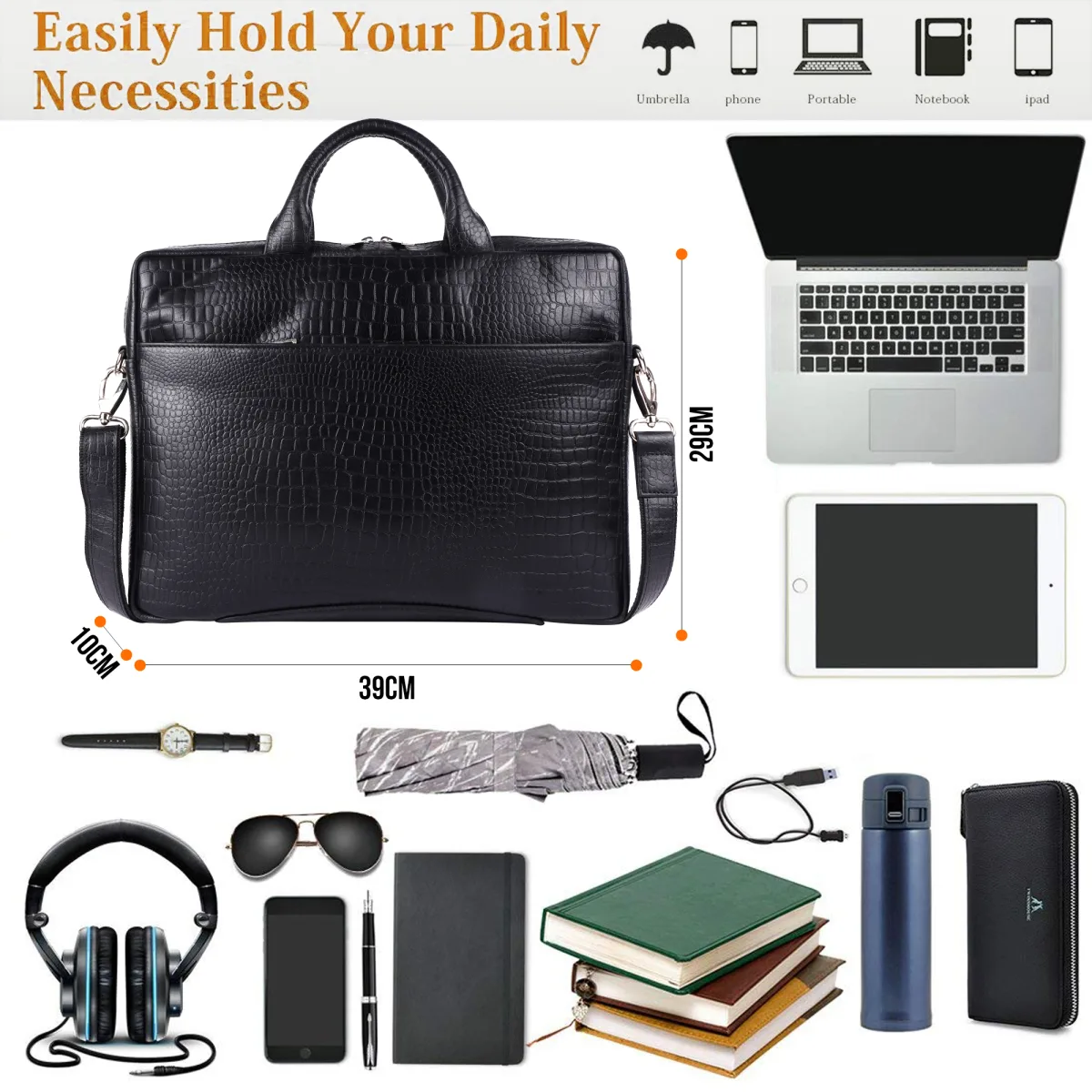 Crocodile-Embossed Genuine Leather Laptop Bag – Black (0603), additional view 10