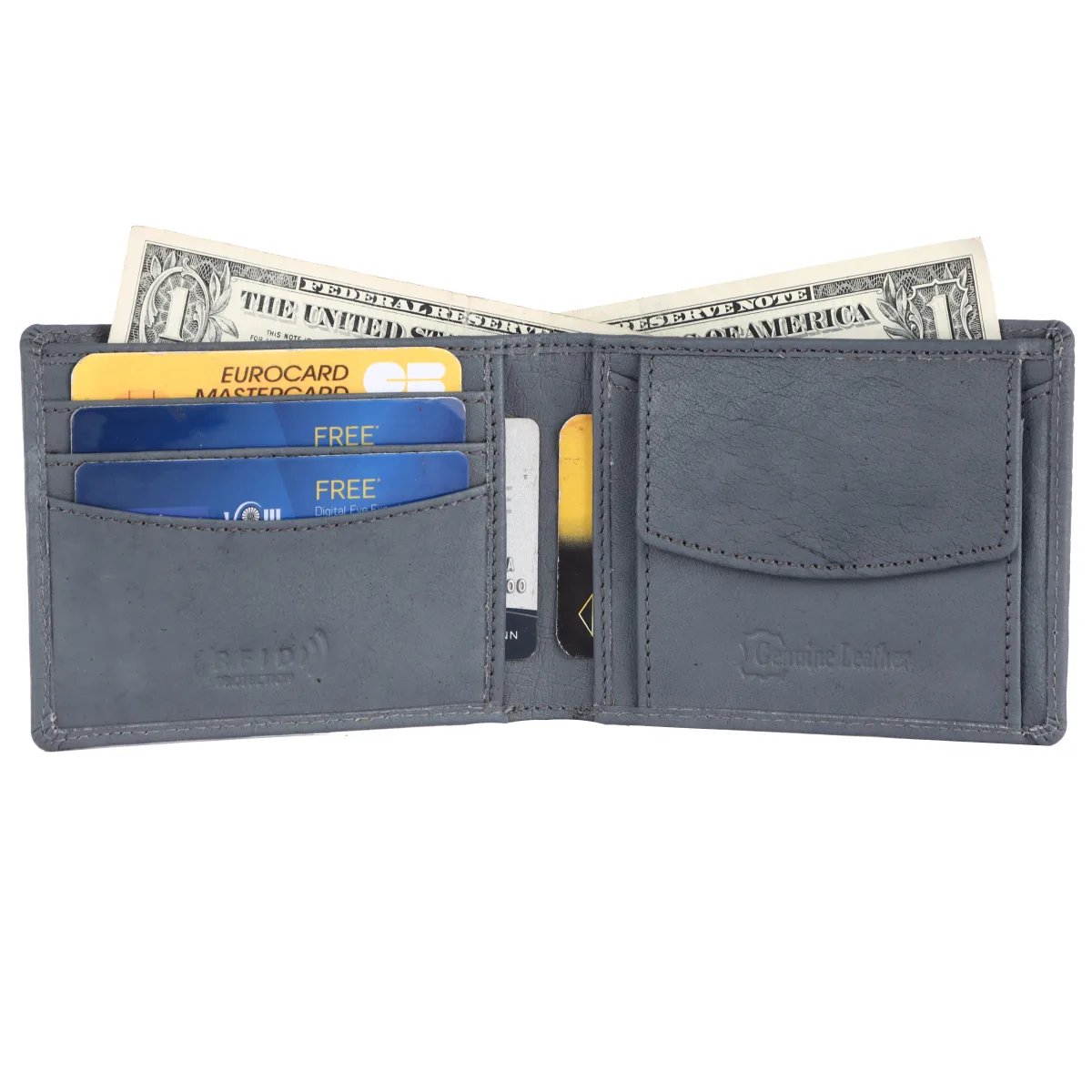 Men's 3-Card Genuine Leather Wallet with Coin Pocket – Grey (2214), additional view 5