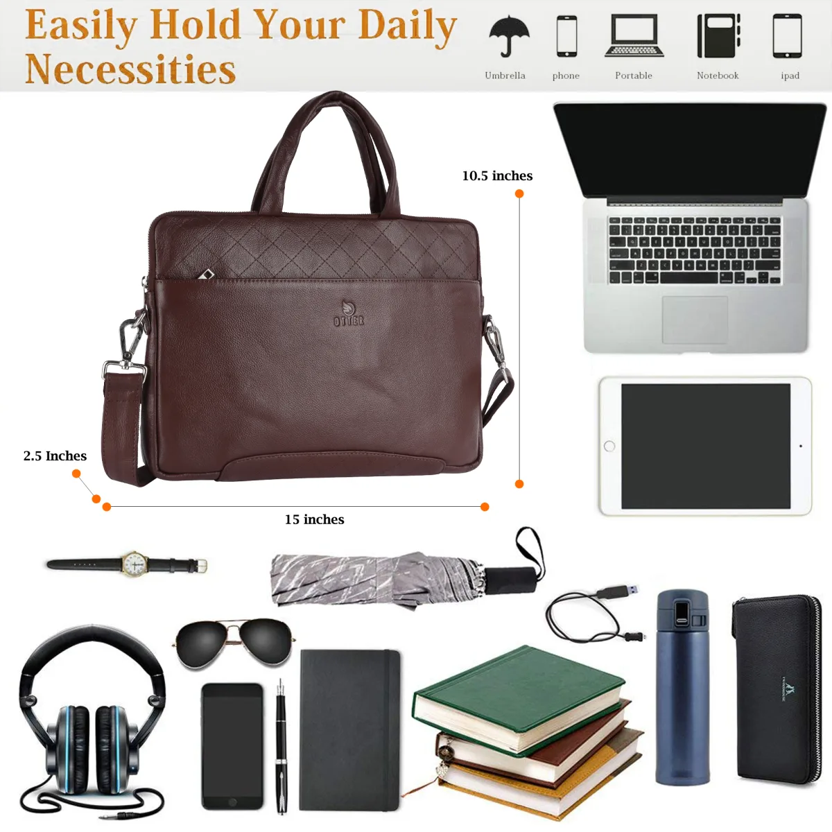 Textured Genuine Leather Laptop Bag – Brown (0603), additional view 8