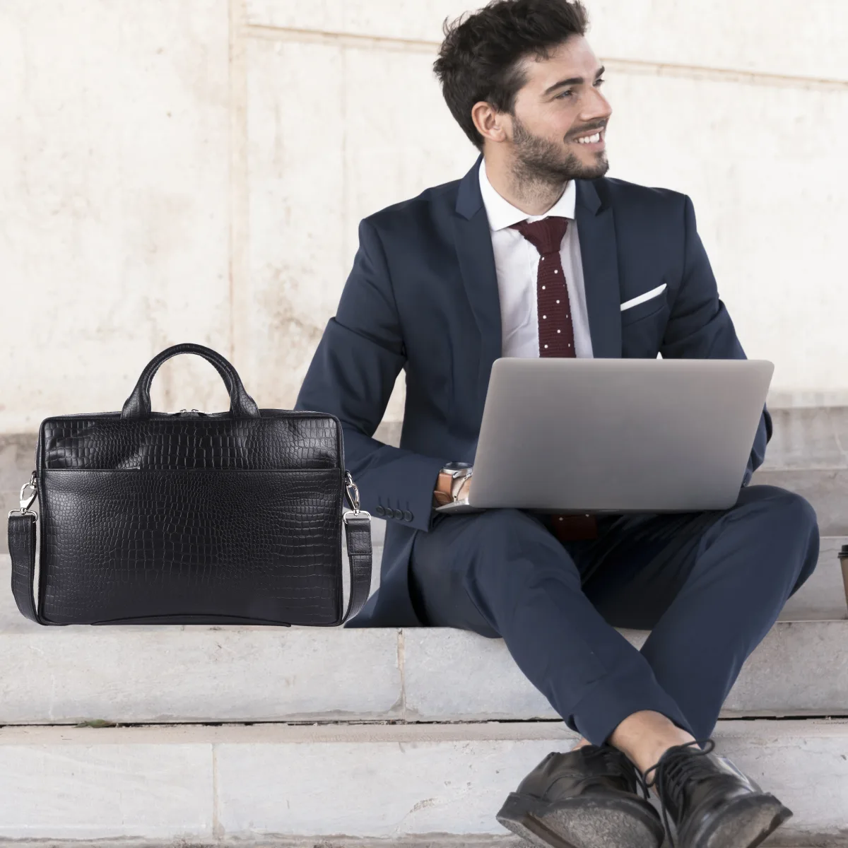 Crocodile-Embossed Genuine Leather Laptop Bag – Black (0603), additional view 7