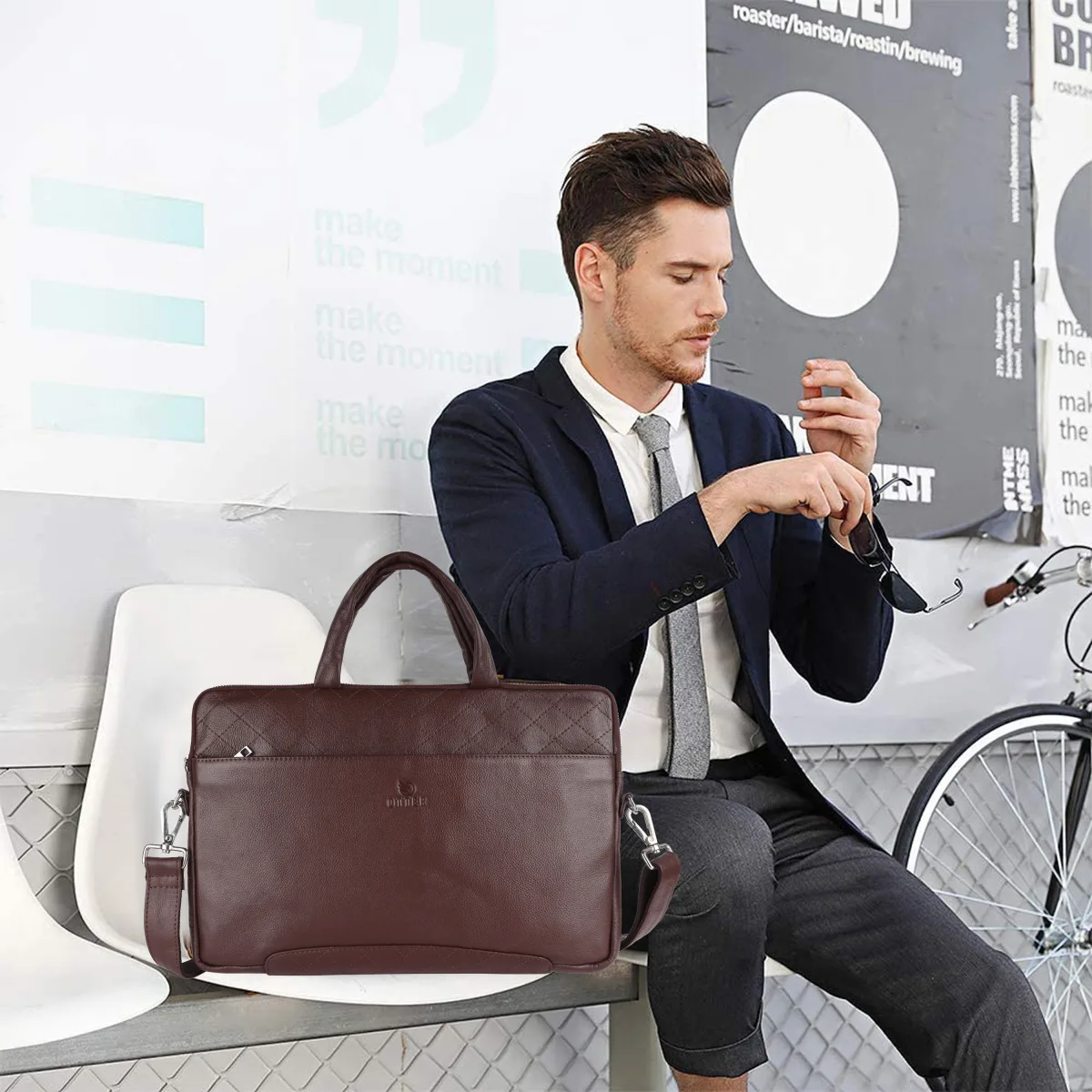 Textured Genuine Leather Laptop Bag – Brown (0603), additional view 7