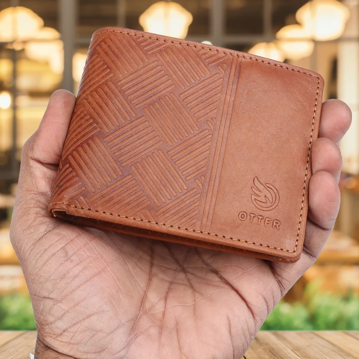 Men's Geometric-Embossed Genuine Leather Wallet – Tan (2220), additional view 2
